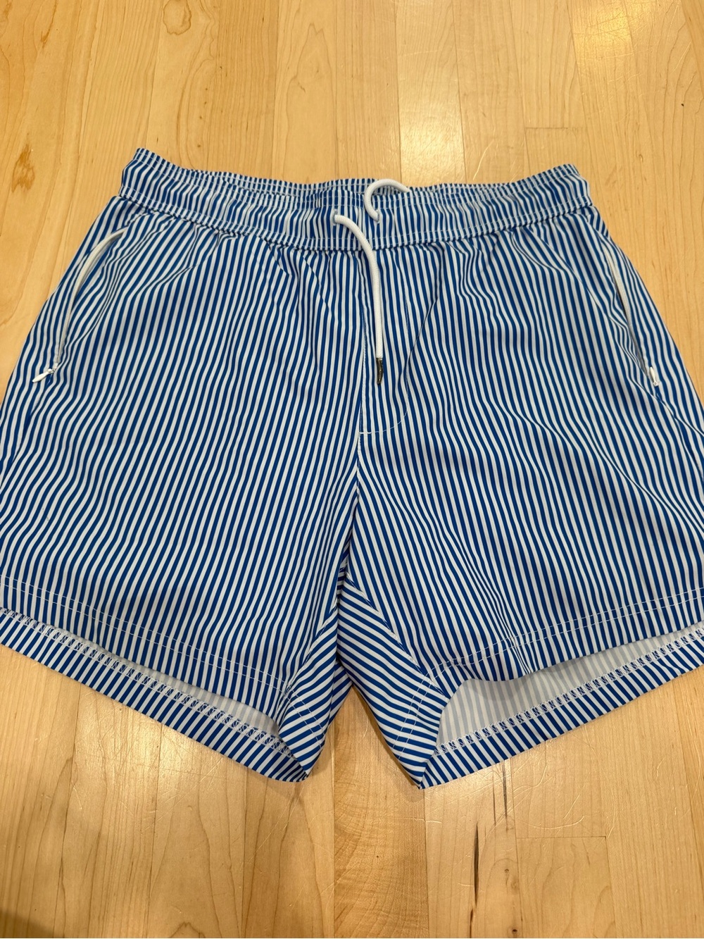 Men's Blue and White Seersucker Stripe Swim Trunks with Drawstring